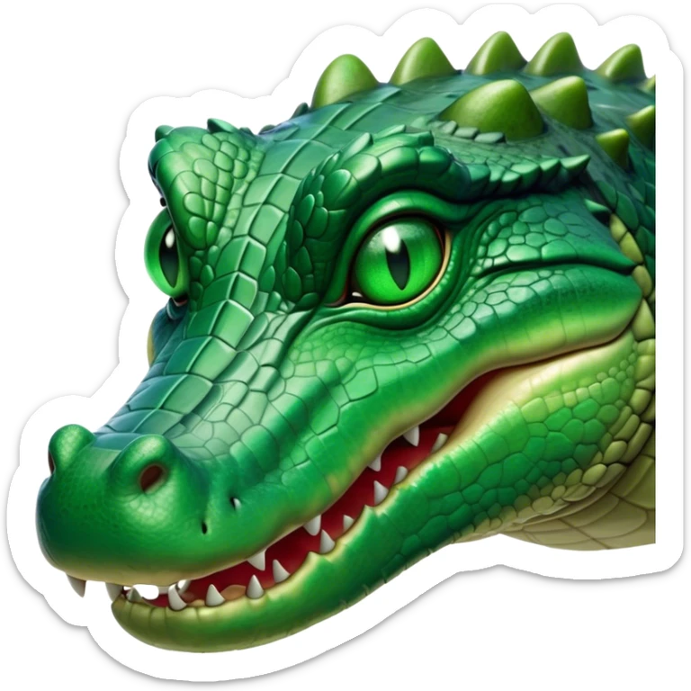 Cinematic Noble Crocodile Portrait Emoji, Poised and regal, with a powerful, elongated build and a rugged, scaly emerald-green hide, piercing cold eyes, Simplified yet sharp and sophisticated features, highly detailed, glowing with a soft, dignified glow, high shine, intelligent and formidable, stylized with an air of ancient might, focused and attentive, soft glowing outline, capturing the essence of a watchful and commanding reptile, so majestic it feels as though it could silently slide out of the screen with effortless authority! sticker