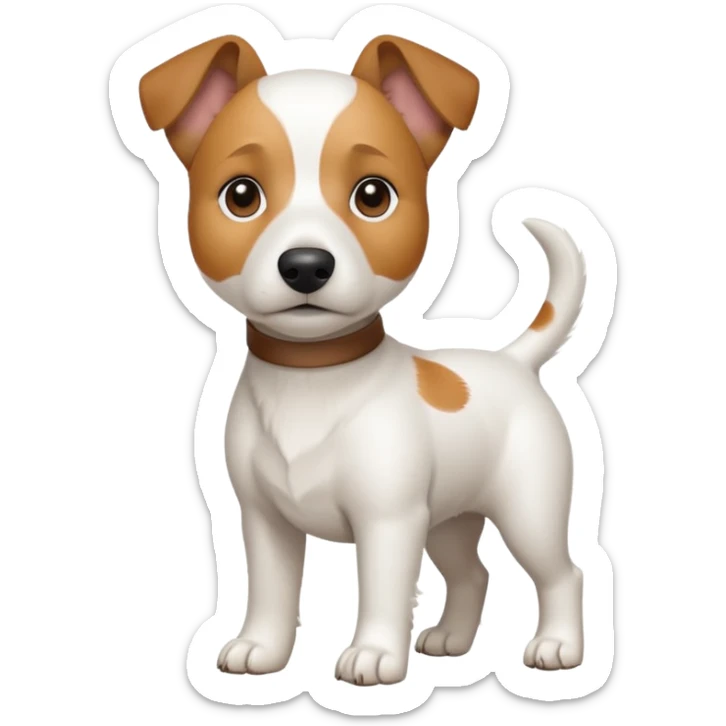 a full body white jack russel looking dog the size of a kelpie with light brown ears and a light brown patch on one eye, flopped down ears and a large snout sticker