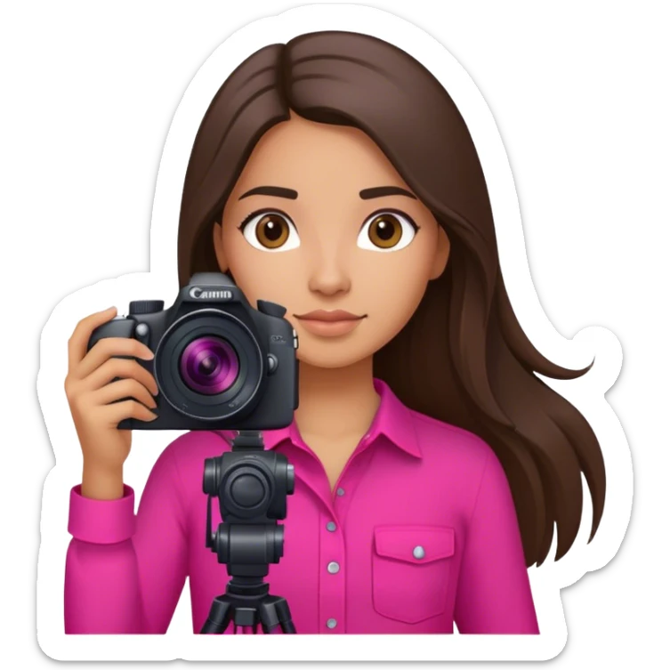 latin girl photographer with long brunette hair hot pink shirt and Canon camera sticker