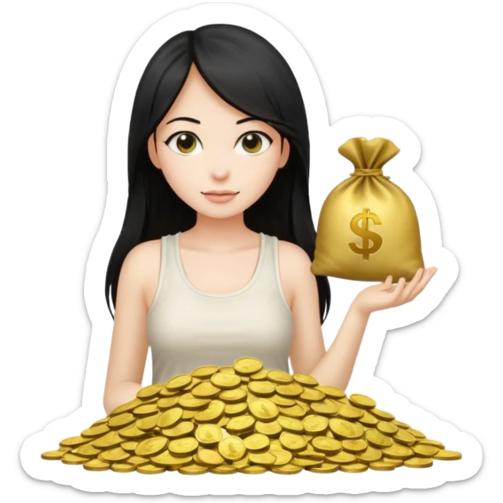 a pretty bratz fair girl with long straight black hair  with a white tank top surrounded by money bags sticker