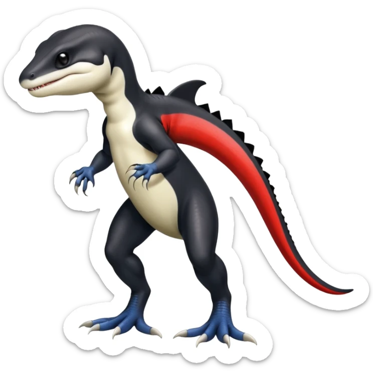 Black and white Orca-reptile-reptilian-lizard-skink-gecko-Digimon-Fakémon-hybrid full body, two legs, two arms, claws, tail, with red stripe sticker