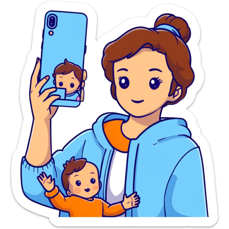 brunette girl with brown hair wearing pastel blue clothes holding a baby and taking a selfie sticker