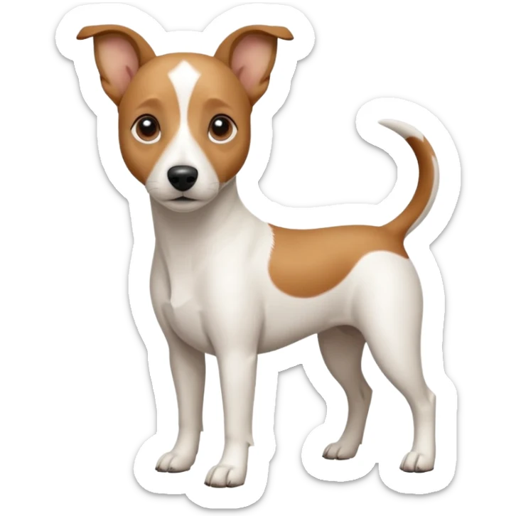 a full body white jack russel looking dog the size of a kelpie with light brown ears and a light brown patch on one eye and a large snout sticker