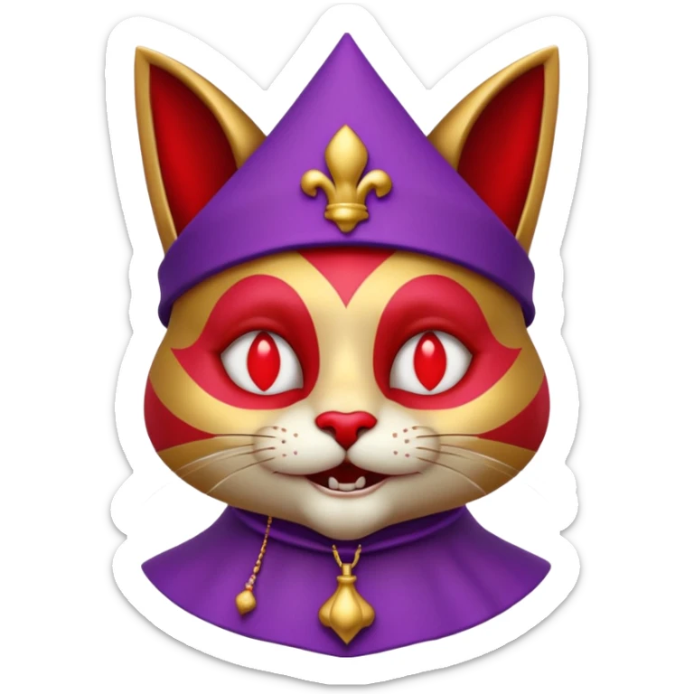 crazy colorful cute little cat jolly joker from poker, medieval, vintage, court jester, mac os icon, purple, gold and red color, half body. Squared shape as 3D mac os icon, symmetrical sticker