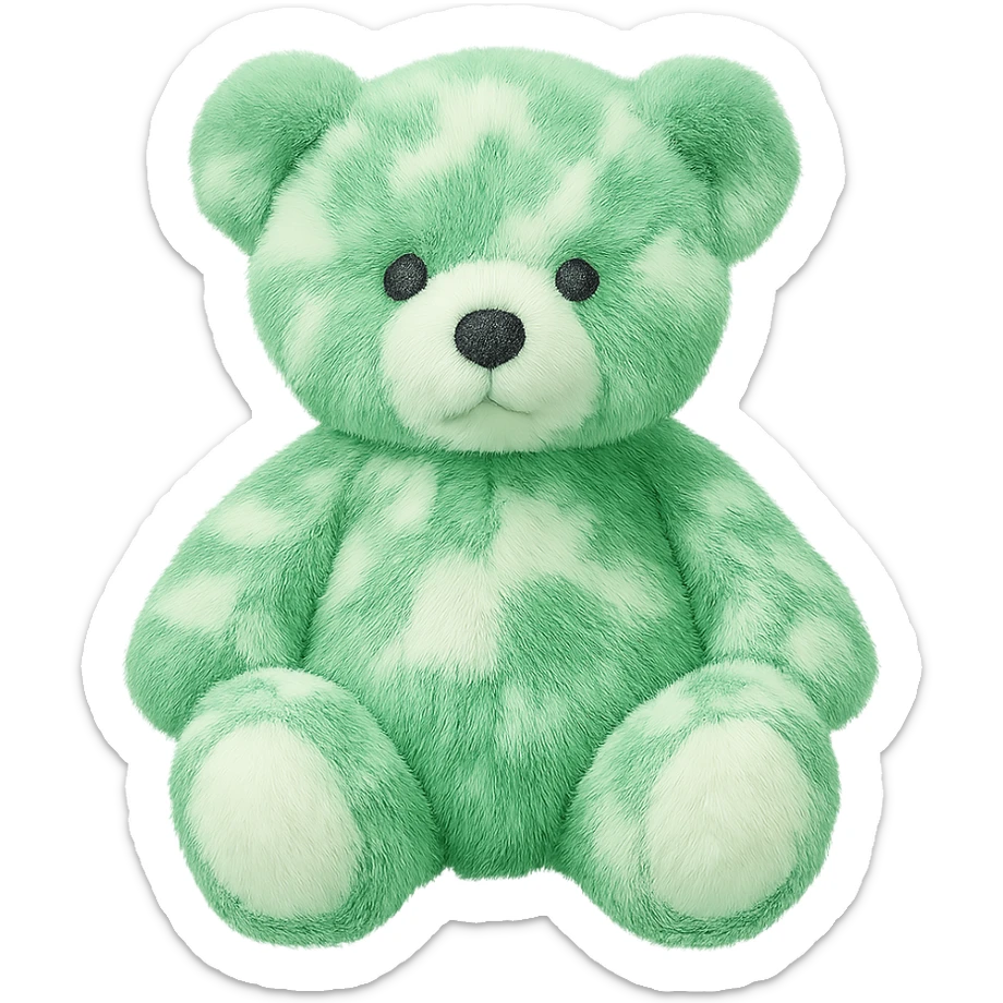 Change the teddy bear's fur to green and white, keep it soft and plush, no shadows, flat lighting, no background. The style should maintain the original look of the teddy bear in the image. sticker