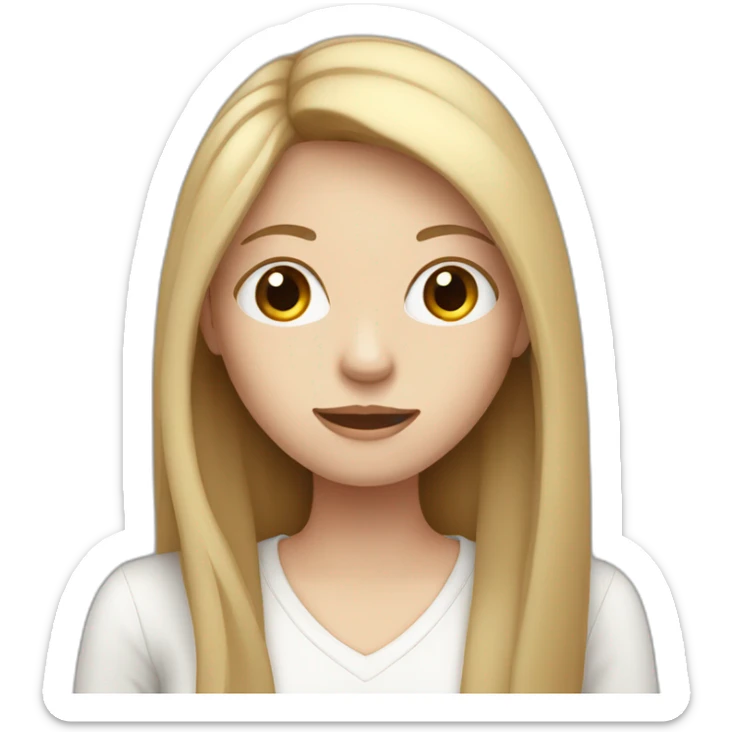 woman with pale skin and brown straight long hair hiding behind a laptop sticker