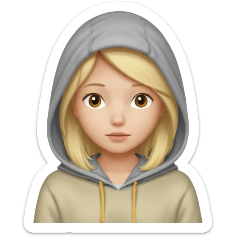 blonde girl with her head covered in a sweatshirt and hood sticker