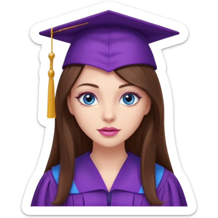 girl with beautiful extremely long brown hair, blue eyes, long lashes makeup, sexy pink lips, wearing a purple graduation cap and gown sticker