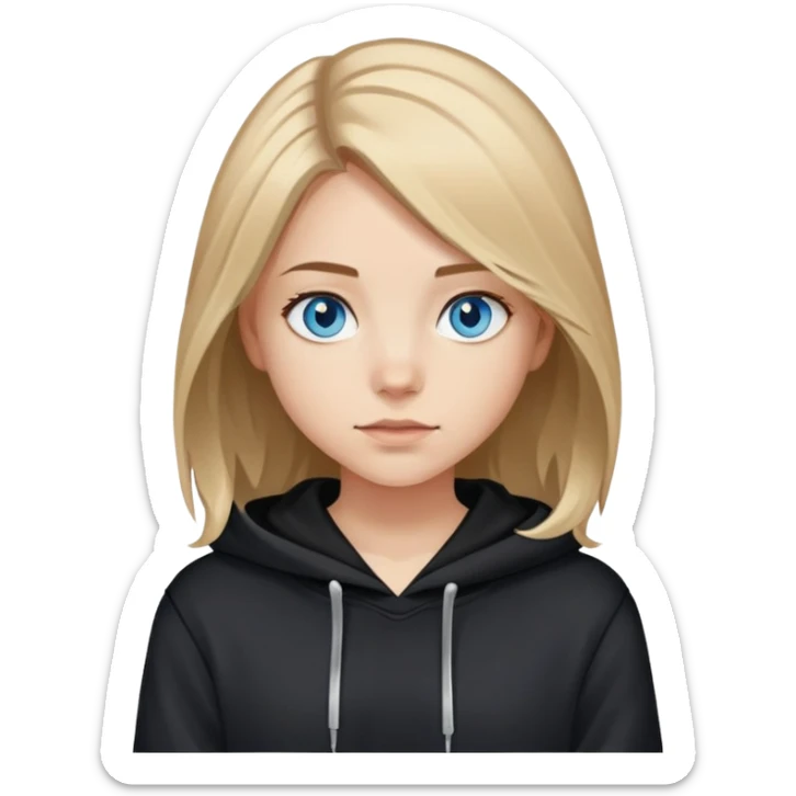 girl with blue eyes, shoulder-length brown hair with light blonde streaks, wearing a black hoodie sticker
