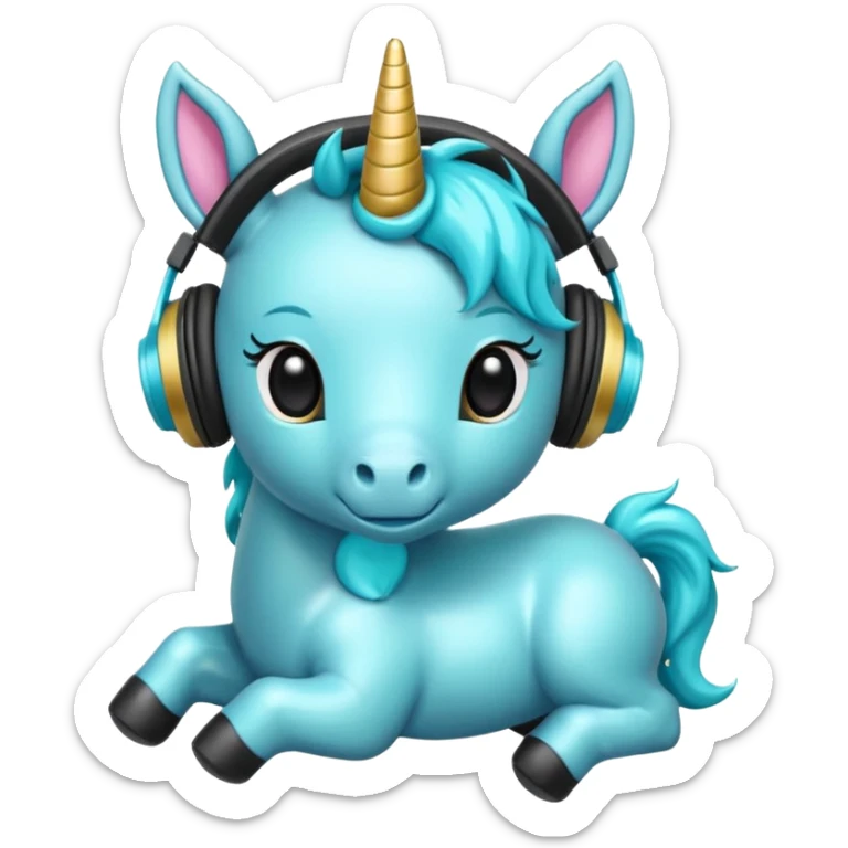 Unicornio bebé cyan sentado escuchando música con auriculares negros sticker