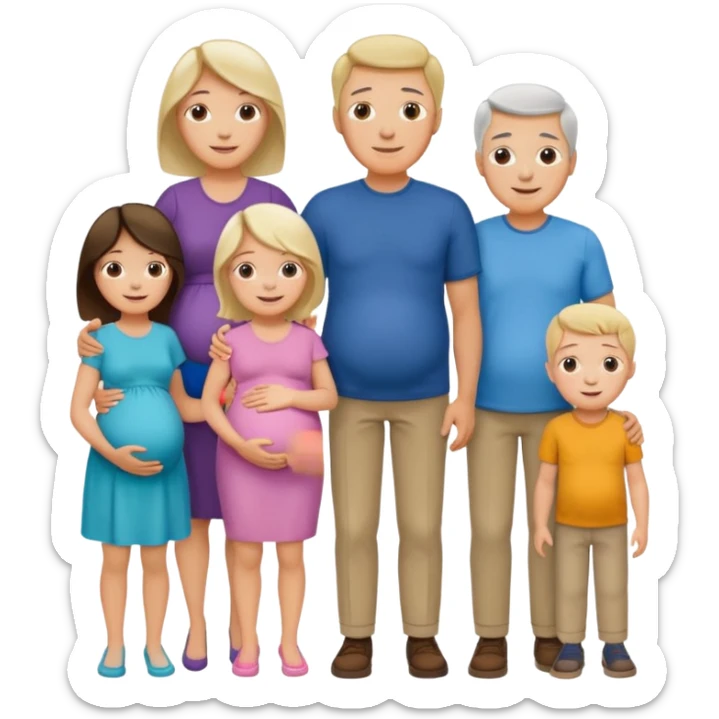 I want a couple with a wife that’s pregnant and then on the male side standing next to him is his family mom is sick the dad is fine  and his siblings and grandparents are okay smiling. sticker