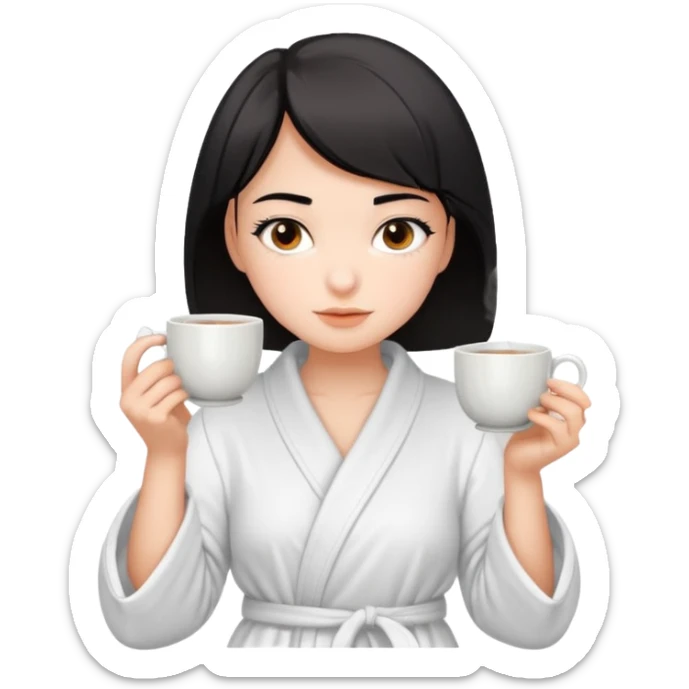 White girl with brown eyes and short black hair drinking a cup of tea in a bathrobe sticker