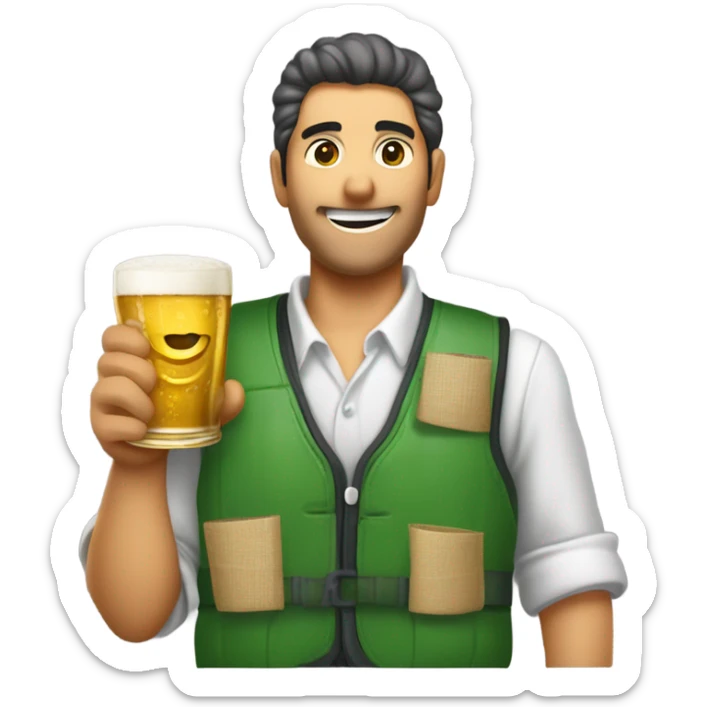 un vendedor con un palo de ciego, un chaleco verde, y tiras de cupones en el chaleco, bebiendose una cerveza sticker