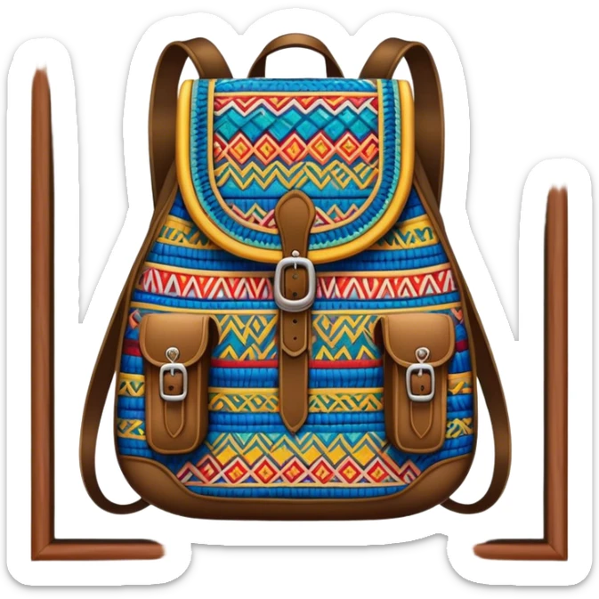 Cinematic Realistic image of a traditional Colombian mochila, rendered with detailed woven textures and vibrant patterns, set against a rustic backdrop with soft, cultural lighting sticker
