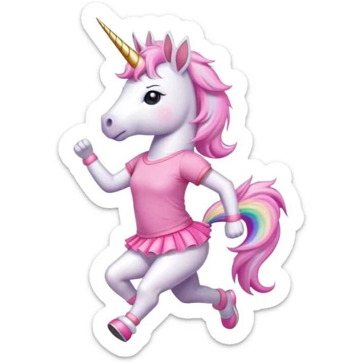 anthropomorphised female unicorn in tutu and pink t-shirt jogging upright standard pose sticker