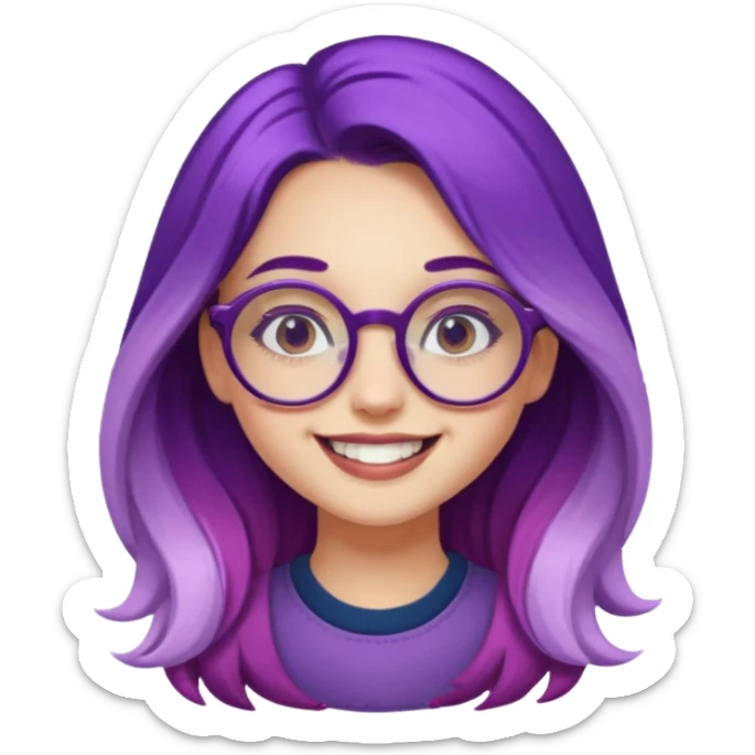 trendy young girl with long purple ombre hair, retro round glasses, influencer, smiling sticker