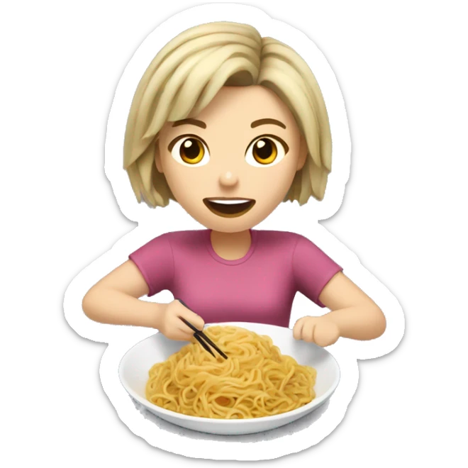 Caucasian girl with short, dark spiky hair eating noodles sticker