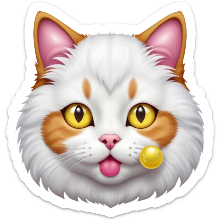 Cat with white center of his face and kinda ginger kinda brown and black strikes yellow eyes pink nose blowing a bubble gum sticker