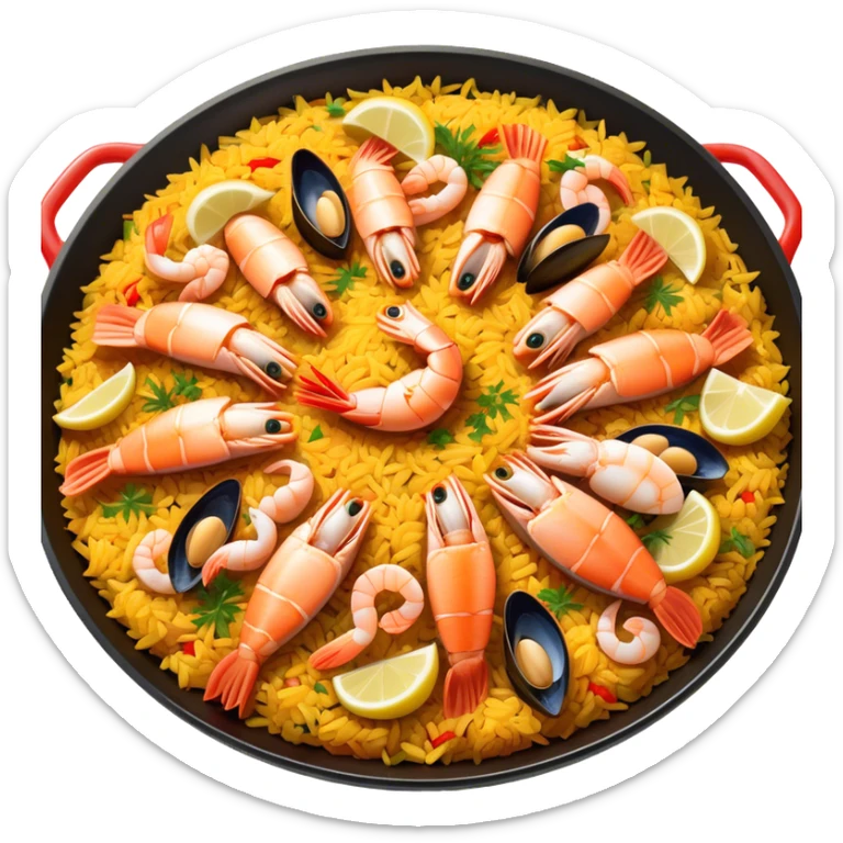 Cinematic Realistic Paella Dish Emoji, depicted as a vibrant, aromatic rice dish loaded with seafood, chicken, and saffron rendered with rich textures and dynamic, warm lighting. sticker