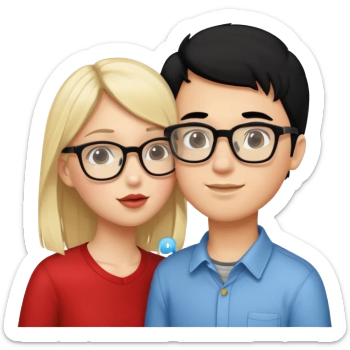 pretty light blonde girl barbie kissing nerd boy with black hair and tan skin on the cheek sticker