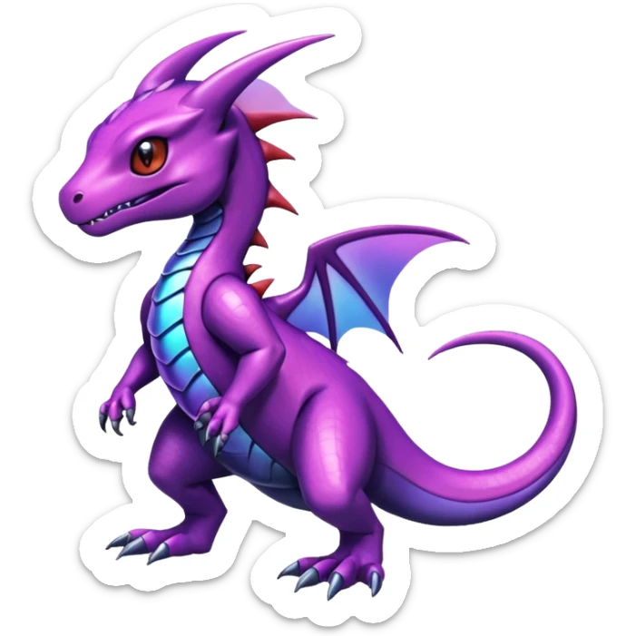 Cute Shiny purple iridescent Guilmon-Salandit-Fakémon-hybrid-creature (full body)  sticker