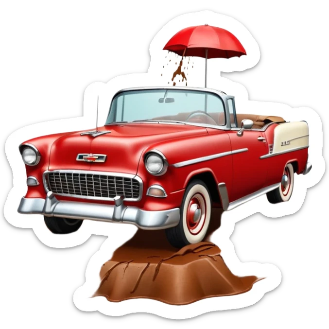 1955 Chevrolet Bel Air Convertible, Red-White color, with a bucket of brown mud pouring down on it, and the car itself is covered in brown dirt on the sides, which is stuck and clearly visible from all sides of the body. 32x32 pixels, aspect ratio: 1:1 sticker