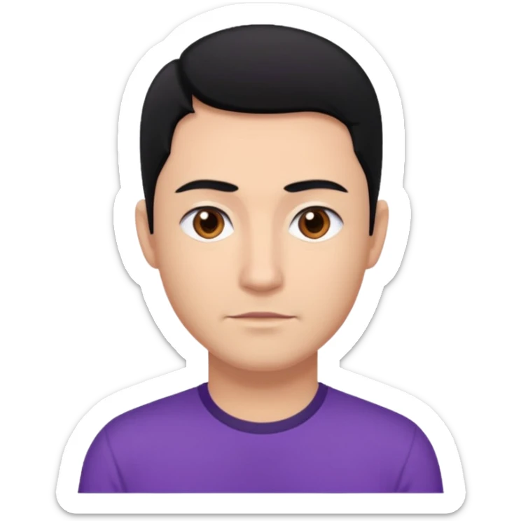 Jeff Fatt black hair, brown eyes, purple shirt sticker