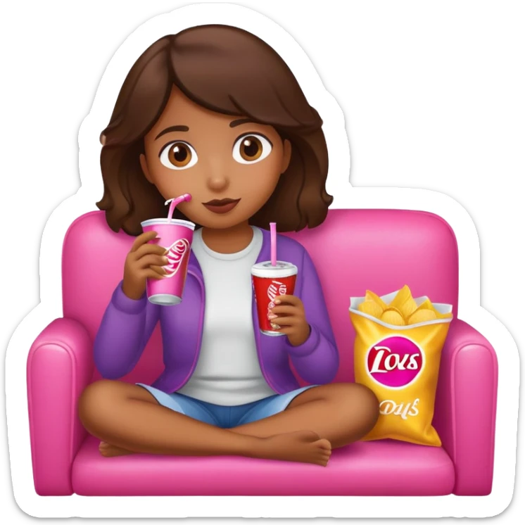 home brown girl with chips and soda drink at the pink sofa sticker