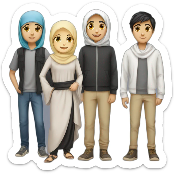 Group of six teenagers one hijabi girl, a blonde girl, an arab boy and 2 white boys sticker