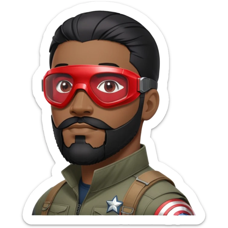 sam wilson with a close to the scalp black hair  and  a well-groomed beard that connects to his mustache,  wear sleek, red-tinted tactical goggles fit snugly from captain america: civil war sticker
