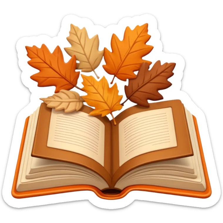 A cute 3D emoji of an open book with autumn leaves around it, cozy fall colors (orange, brown, beige), playful and modern style, glossy finish, minimalistic but expressive, symbolizing a Fall Reading Challenge. sticker