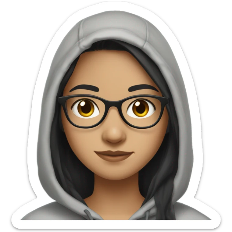 Pretty girl with light skin , Black long hair,big brown eyes,in a light grey hoodie,with a pair of black glasses  sticker