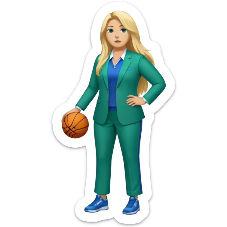 Full Body white plus size female basketball head coach with long blonde hair in a blue and green suit sticker