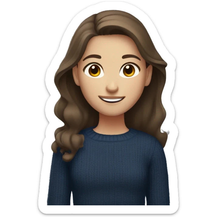 girl with brown hair, gray eyes, fair skin, in a dark blue sweater and smiling relaxed sticker