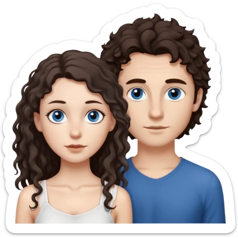 white girl, dark brown long slightly curly hair , skinni but with big breast , septum piercing on nose, beautiful dark gray-blue eyes, in white dress , boy dark brown eyes , light white skin , tall , skinny , light brown mid haircut ,  sticker