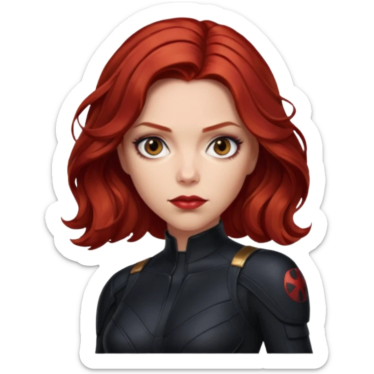 natasha romanoff in black widow suit with wavy dark red hair sticker
