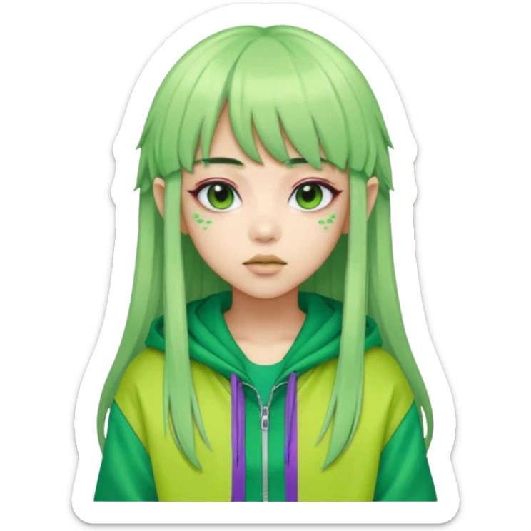  portrait-of-a-green-skin-alien-k-pop-idol,-wearing-a-stylish-streetwear-outfit-with-layered-colorful-clothing,-long-hair-with-bangs,-makeup,- sticker