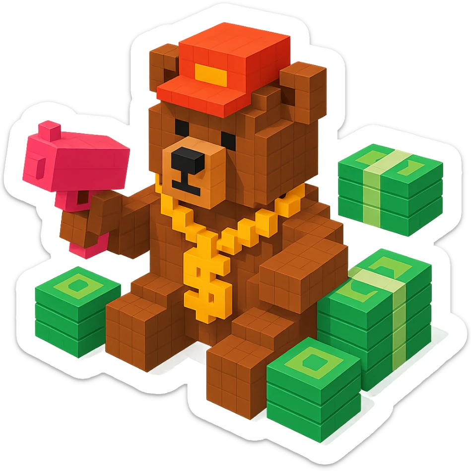 Russian grizzly bear with a rapper chain and a money gun, surrounded by stacks of money sticker