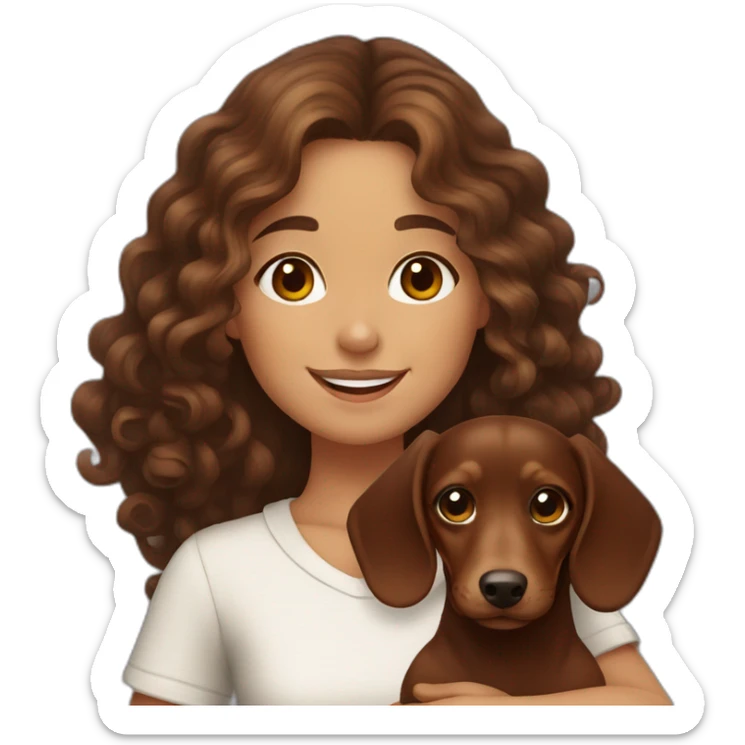 Girl long curly brown hair smiling and brown eyes and holding a dachshund  in her arms sticker