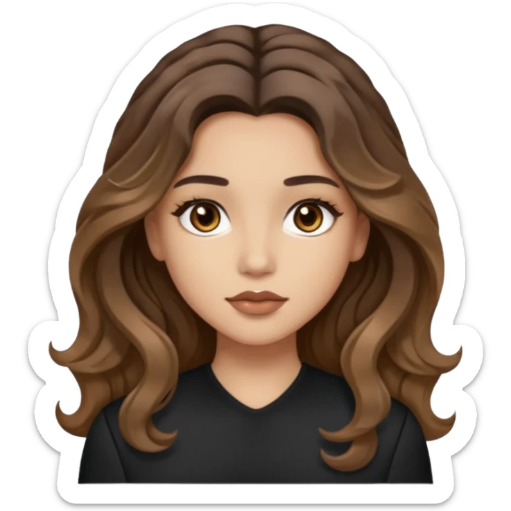 brown balayage hair long wawy (not to much curly/not afro), light skin tone, brown eyes, not too skinny, black outfit, beauty mark on  the left side of the face next to the lip

 sticker