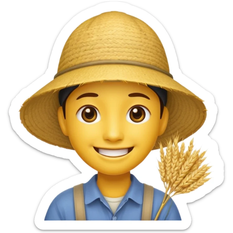 Yellow emoji smiley face with stereotypical Chinese facial features and rice farmer hat sticker