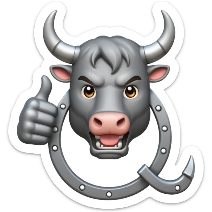 Emoji of an iron horseshoe with an angry powerful bull in the middle showing a thumbs down (DisLikes) sticker