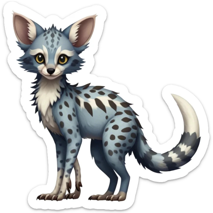 Feral Rare Fantasy dark tropical Vernid-Sergal-Genet-Trico-species by LiLaiRa, random markings, tufted tail, tufted ears, full body sticker