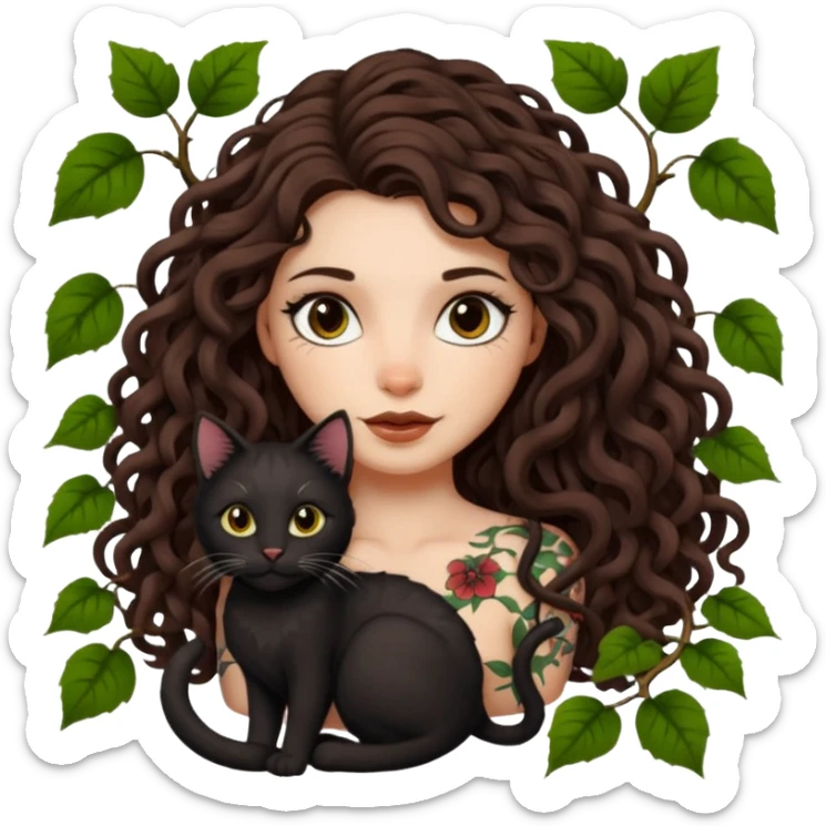 woman with long curly brown hair, brown eyes, white skin, tattoos, black cat tangled in living vines sticker