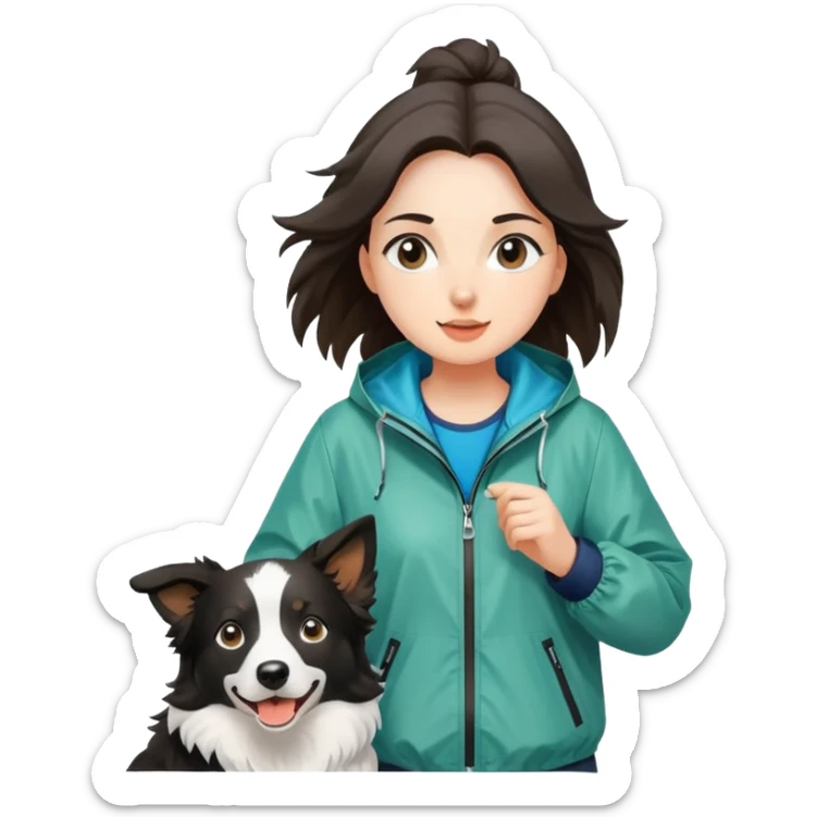 A beautiful girl with fair skin wearing a windbreaker chasing a Border Collie sticker