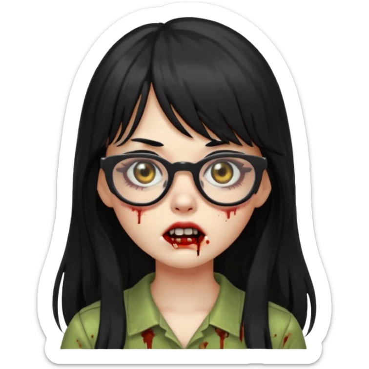 zombie girl with long black hair, bangs, and glasses, apple emoji style sticker