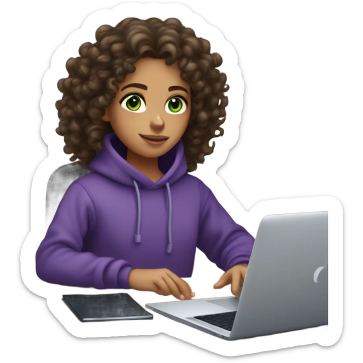 curly, fair-skinned girl with green eyes and dark brown curly long hair, designer, sitting at her laptop, wearing a purple coloured oversize sweatshirt. sticker