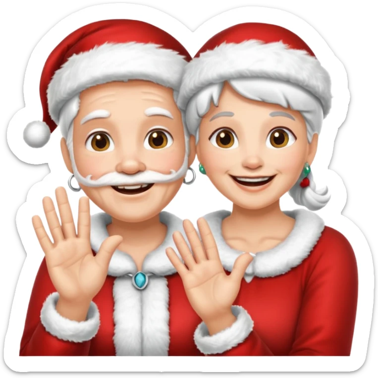 SANTA Y MAMA CLAUSE SONRIENDO CON ORTODONCIA EN DIENTES Y MANO SALUDANDO 5 DEDOS sticker