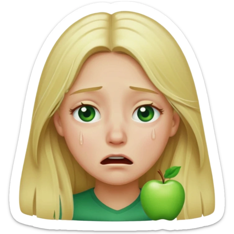 blonde with long hair and green eyes, crying, iOS Apple emoji style sticker