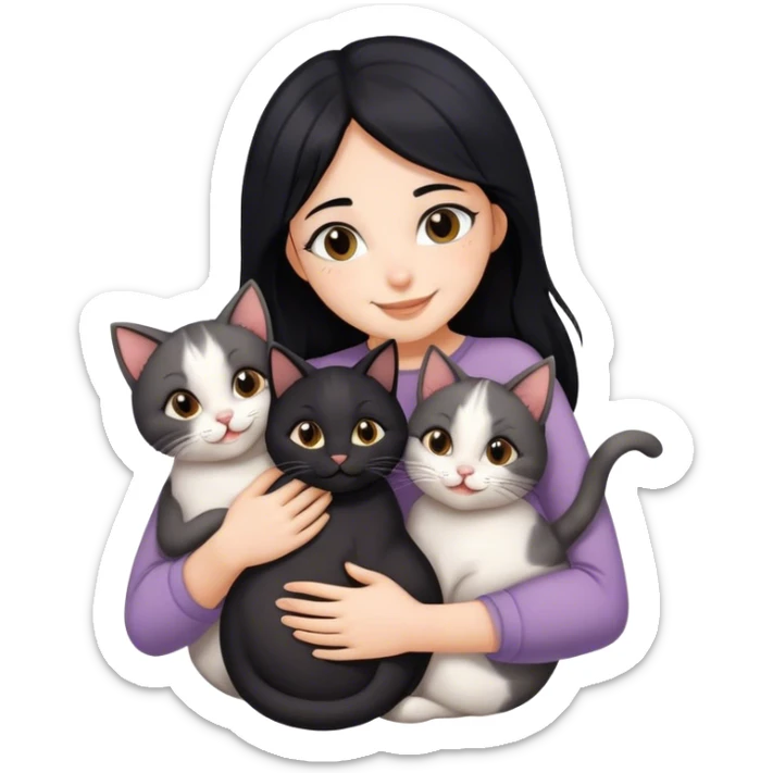 happy girl with black hair hugging three cats  (black cat, gray cat, brown calico cat) sticker